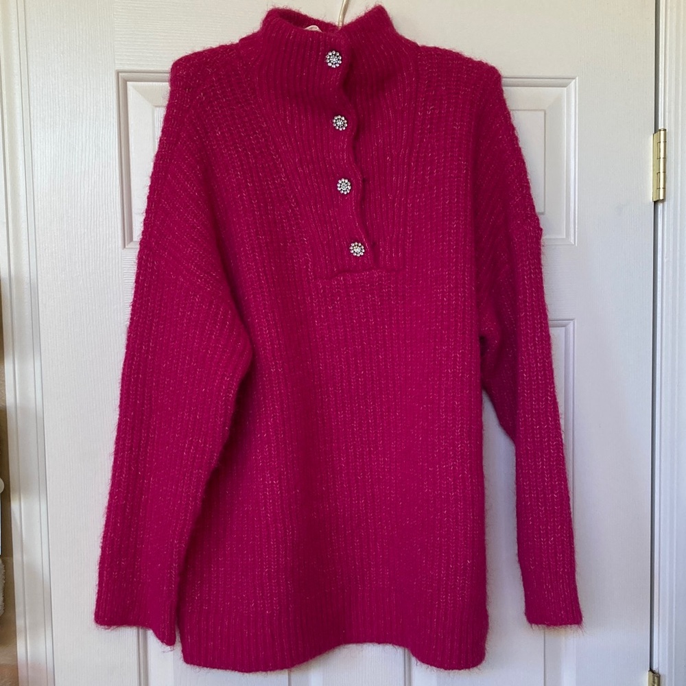 Express Fuchsia Turtleneck Sweater with Button Accents